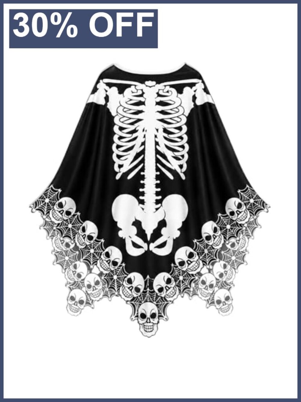 Halloween Skeleton Poncho Black Skull Spiderweb Costume Cape Adult